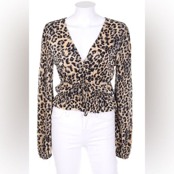 ✨ZARA Black Cream Leopard Print Faux Wrap Smocked Long Sleeve V Neck Sz M Top✨ - Picture 2 of 11